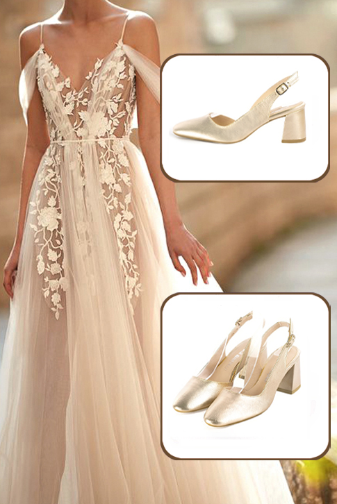 Dress slingback heels in gold leather with medium flare heels and round toe - Top view